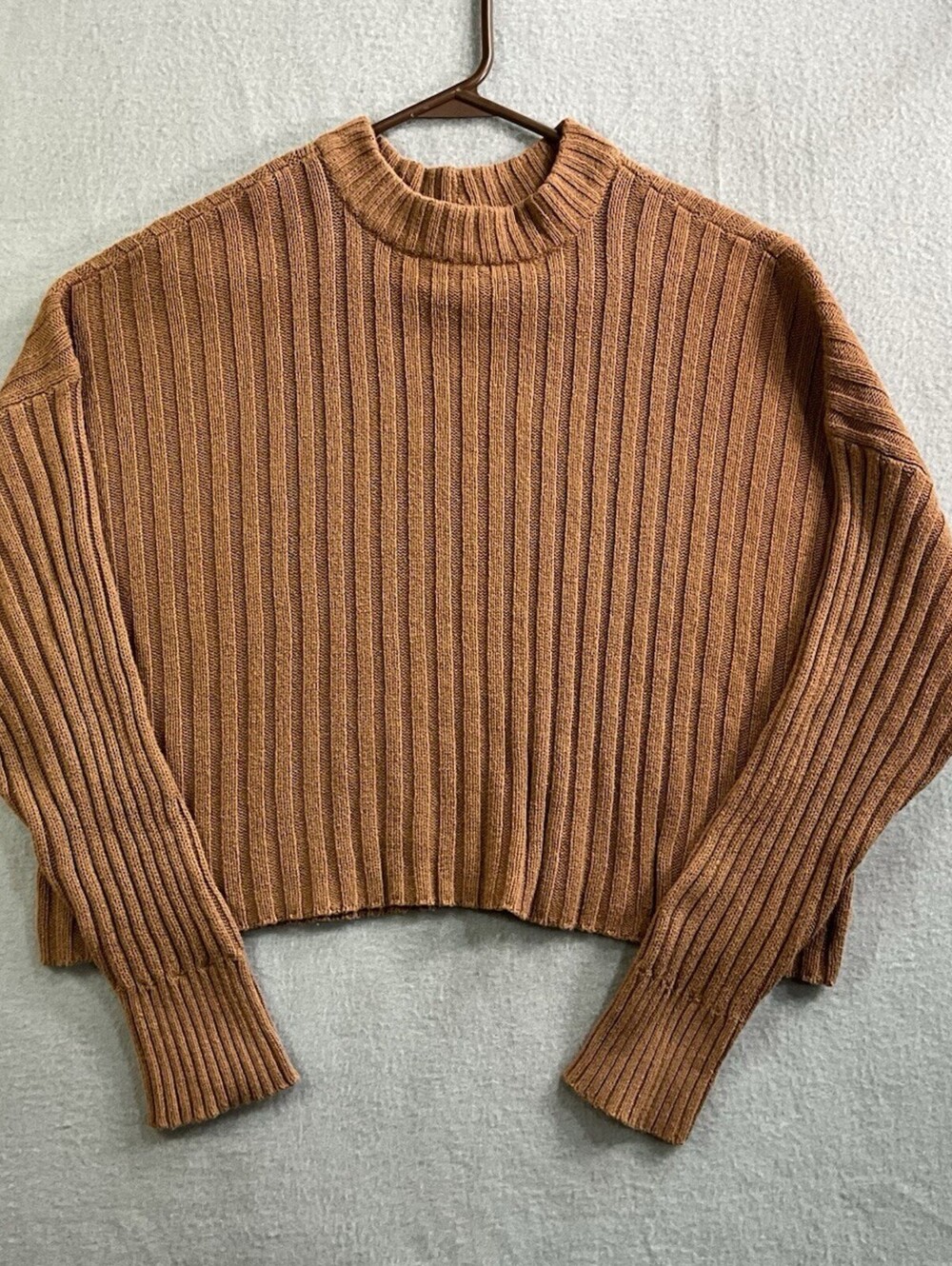 American Eagle Womens Large Cropped Rib Knit Sweater Brown Mock Neck Pullover